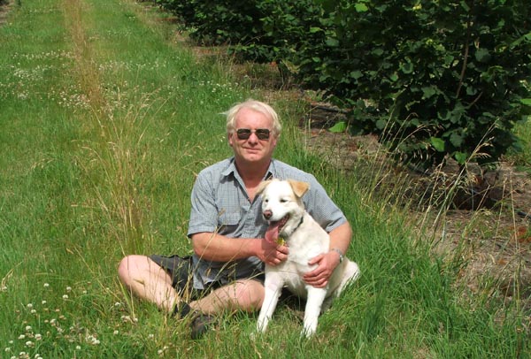  In the orchard with Rusty the nearly-naked dog. 